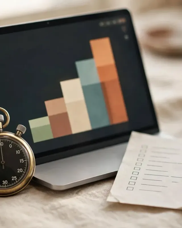 Stopwatch kuningan bersandar pada laptop dengan grafik batang menanjak dan lembar checklist di sampingnya