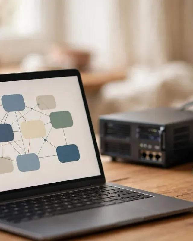 Laptop menampilkan kartu UI yang terhubung dengan server box kecil dan kabel network tergulung di belakangnya
