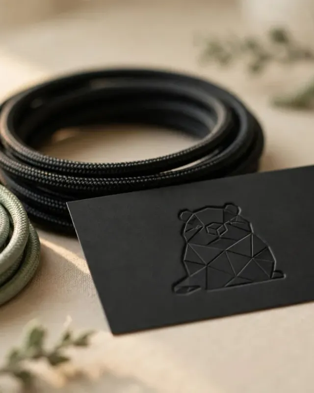 Coiled cables and a black card with an embossed geometric gopher emblem on a beige desk